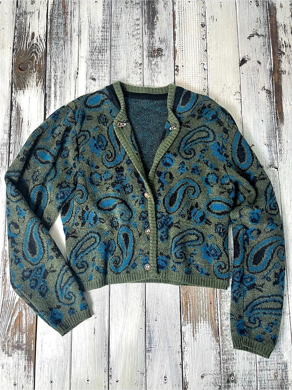 Resi Hammerer Paisley Cardigan Green Blue Size 44 Vintage Austrian Wool Antler